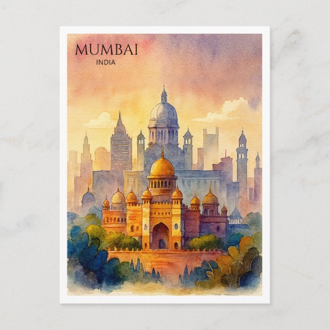 Mumbai India Watercolor Postcard | Travel Souvenir (Front)