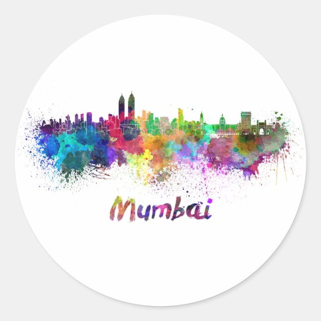 Mumbai skyline in watercolor classic round sticker (Front)