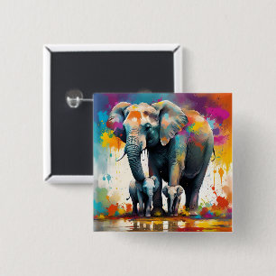 Mummy And Baby Elephants Colour Splash, 2 Inch Square Button