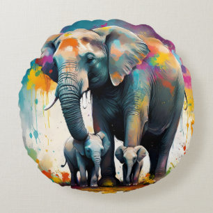 Mummy And Baby Elephants Colour Splash, Round Pillow