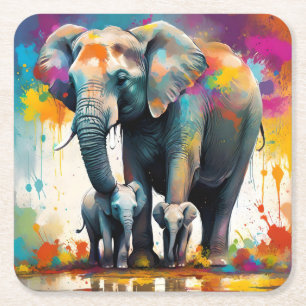 Mummy And Baby Elephants Colour Splash, Square Paper Coaster