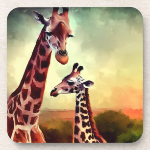 Mummy And Baby Giraffe Watercolour, Coaster