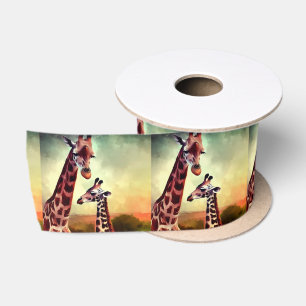 Mummy And Baby Giraffe Watercolour, Satin Ribbon