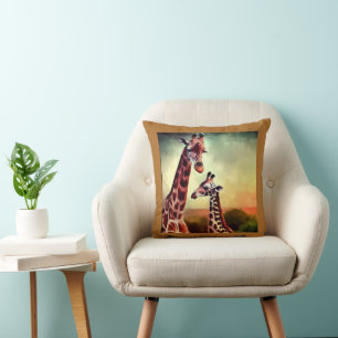 Mummy And Baby Giraffe Watercolour, Throw Pillow