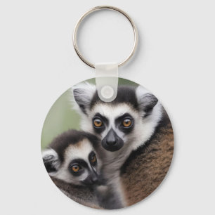 Mummy And Baby Lemur Cuddling, Keychain