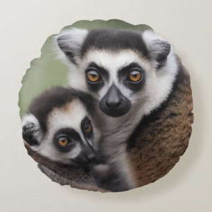 Mummy And Baby Lemur Cuddling, Round Pillow