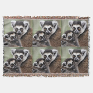 Mummy And Baby Lemur Cuddling, Throw Blanket