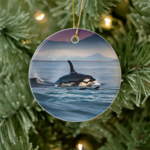 Mummy And Baby Orcas In The Ocean, Ceramic Ornament