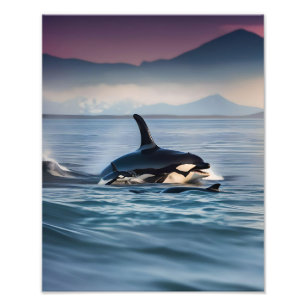 Mummy And Baby Orcas In The Ocean, Photo Print