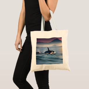 Mummy And Baby Orcas In The Ocean, Tote Bag