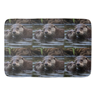 Mummy And Baby Otter Having A Cuddle In The River, Bath Mat