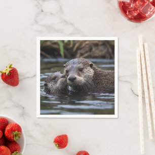 Mummy And Baby Otter Having A Cuddle In The River, Napkin