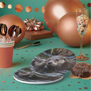 Mummy And Baby Otter Having A Cuddle In The River, Paper Plate