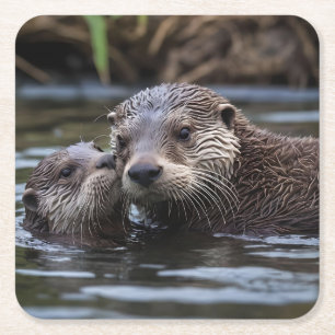 Mummy And Baby Otter Having A Cuddle In The River, Square Paper Coaster