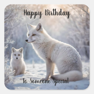 Mummy And Baby White Arctic Fox, Birthday Card Square Sticker