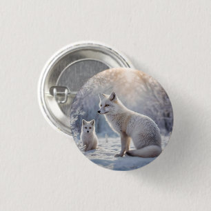 Mummy And Baby White Arctic Foxes, 1 Inch Round Button
