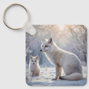 Mummy And Baby White Arctic Foxes, Keychain