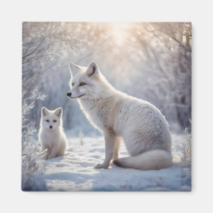 Mummy And Baby White Arctic Foxes, Magnet