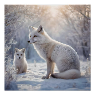 Mummy And Baby White Arctic Foxes, Poster