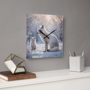 Mummy And Baby White Arctic Foxes, Square Wall Clock