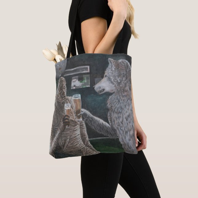 Mummy and Werewolf Drinking Beer Graphic Tote Bag (Close Up)