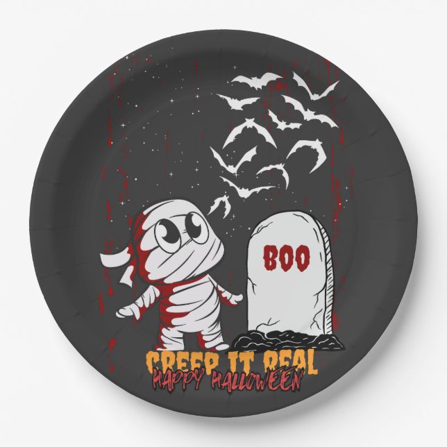 Mummy at Grave Boo Halloween Paper Plate (Front)