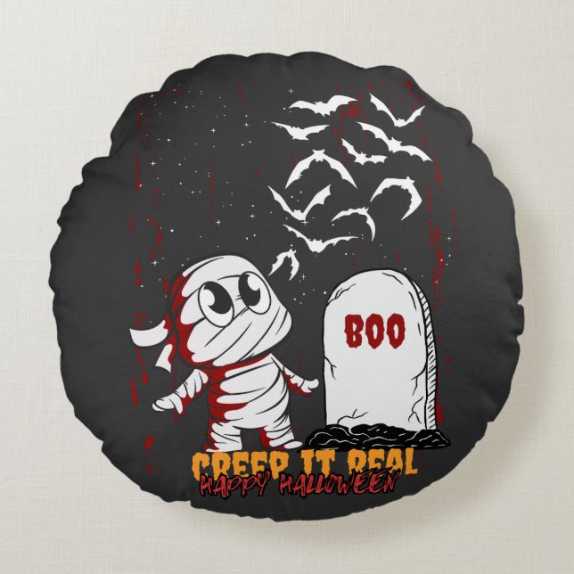 Mummy at Grave Boo Halloween Round Pillow (Front)