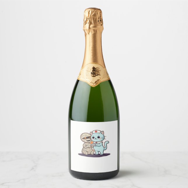 Mummy Boo-Boo Nurse Cat to the Rescue! Classic T-S Sparkling Wine Label (Front)