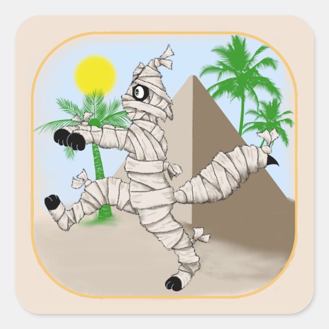mummy cat walking past the pyramid square sticker (Front)