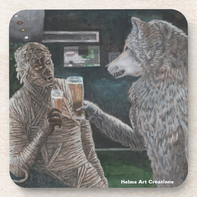 Mummy & Werewolf Drink Halloween Plastic Coasters (Front)