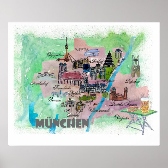 Munich Bavaria Retro Map with touristic highlights Poster (Front)