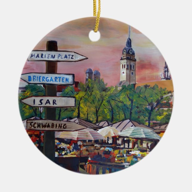 Munich Bavaria Viktualienmarkt With Signposts Ceramic Ornament (Front)