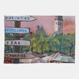 Munich Bavaria Viktualienmarkt With Signposts Kitchen Towel