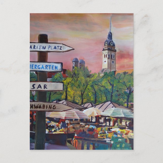 Munich Bavaria Viktualienmarkt With Signposts Postcard (Front)