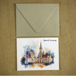 Munich Germany Panorama View Watercolor Painting Postcard