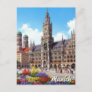 Munich Marienplatz Germany Flowers Postcard