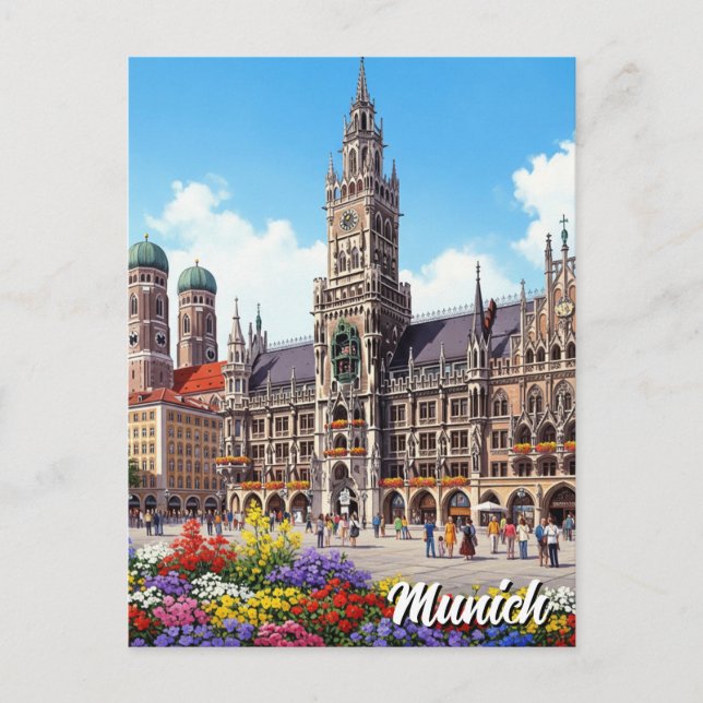 Munich Marienplatz Germany Flowers Postcard (Front)