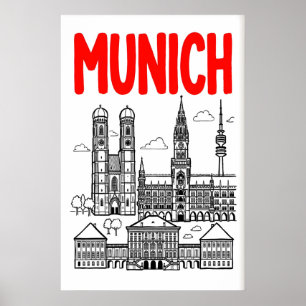 Munich Skyline Poster, Red Title, Black Outline Poster