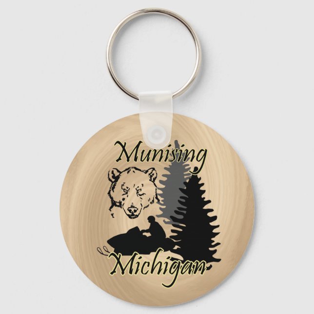 Munising Michigan Snowmobile Bear Wood Look Keychain (Front)