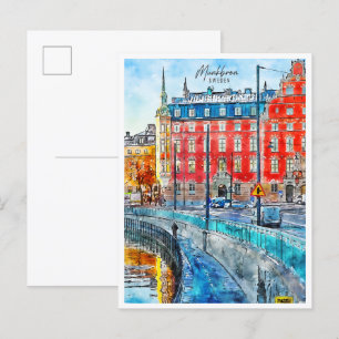 Munkbron Sweden vintage travel watercolor Postcard