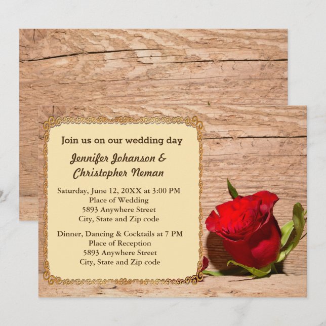 Mur en bois et Faire-part de mariage rose rouge (Devant / Derrière)