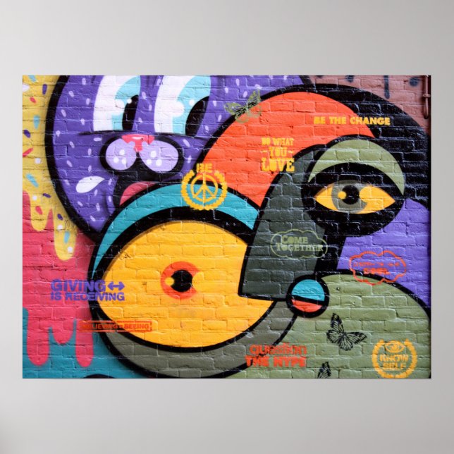 mur graffiti yeux affiche du message Paix et Amour (Devant)