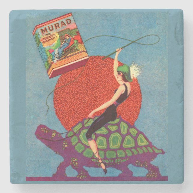 Murad cigarettes lady riding giant tortoise stone coaster (Front)