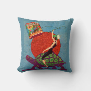 Murad cigarettes lady riding giant tortoise throw pillow