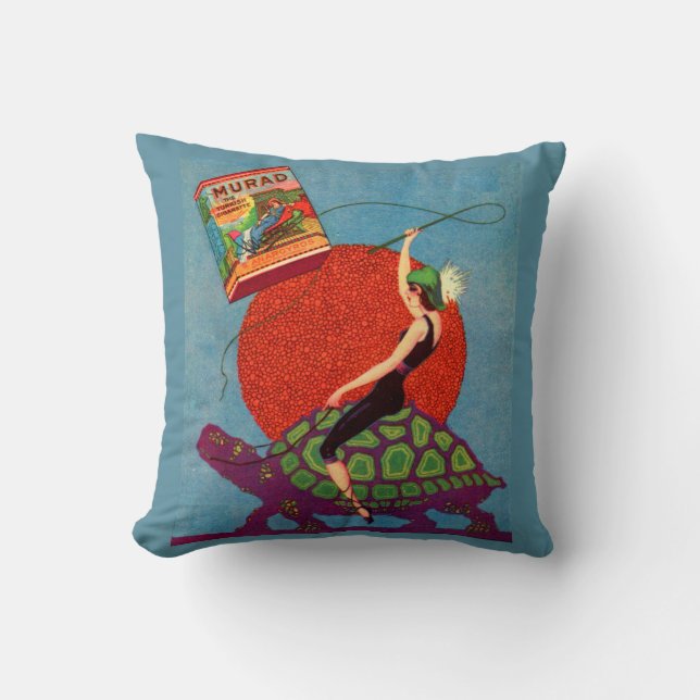 Murad cigarettes lady riding giant tortoise throw pillow (Front)