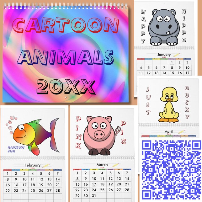 Mural Cartoon Animaux 20XX Calendrier (Fun Adorable Animal Cartoon Characters 20XX Calendar)