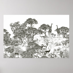 Mural hand drawn Safari Panoramic View, African La Poster