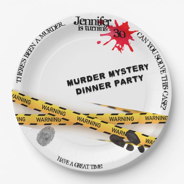 Murder mystery birthday dinner party crime scene  paper plate (Front)