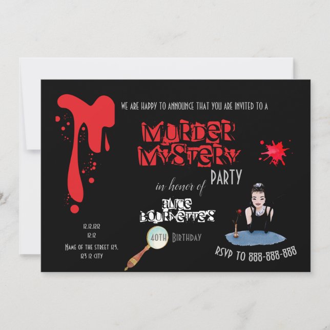 Murder Mystery Birthday Party Black Elegant  Announcement (Front)