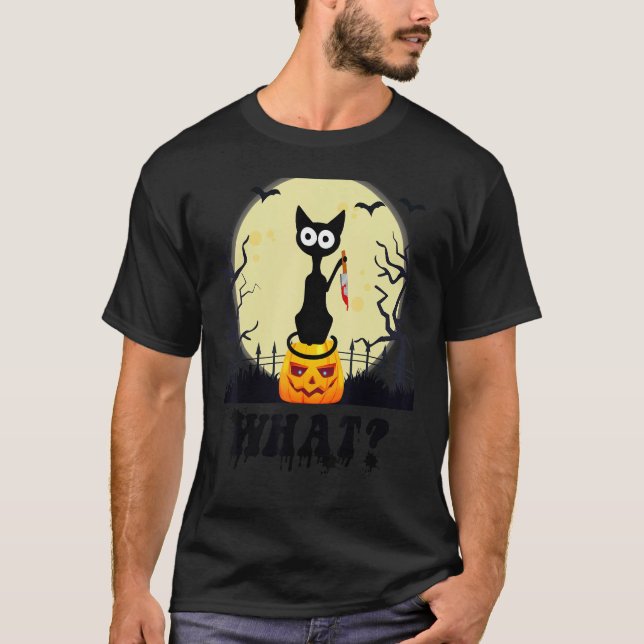 Murderous Black Cat With bloody Knife Halloween Co T-Shirt (Front)